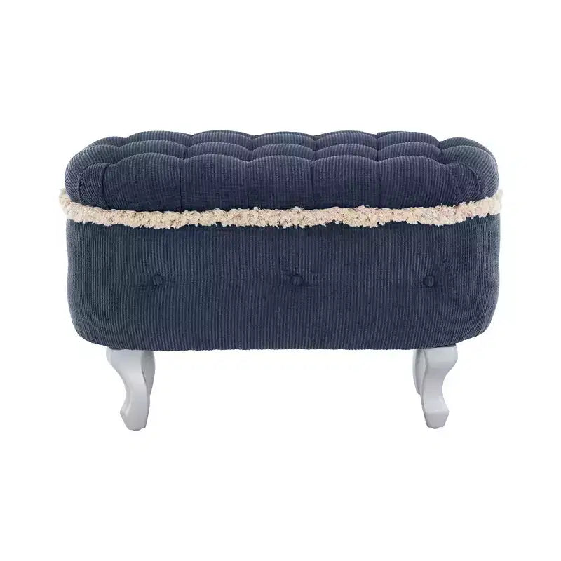Panca contenitore trapuntata con bottoni e nappine, blu / grigio / arancione, imbottita, 1 posto a sedere
