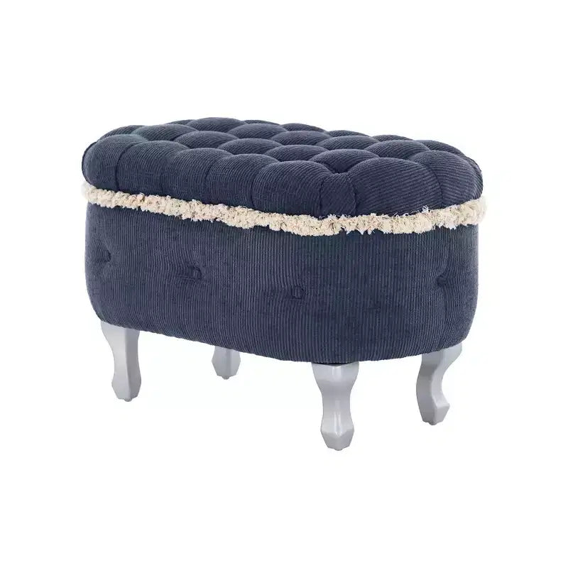 Panca contenitore trapuntata con bottoni e nappine, blu / grigio / arancione, imbottita, 1 posto a sedere