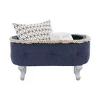 Panca contenitore trapuntata con bottoni e nappine, blu / grigio / arancione, imbottita, 1 posto a sedere