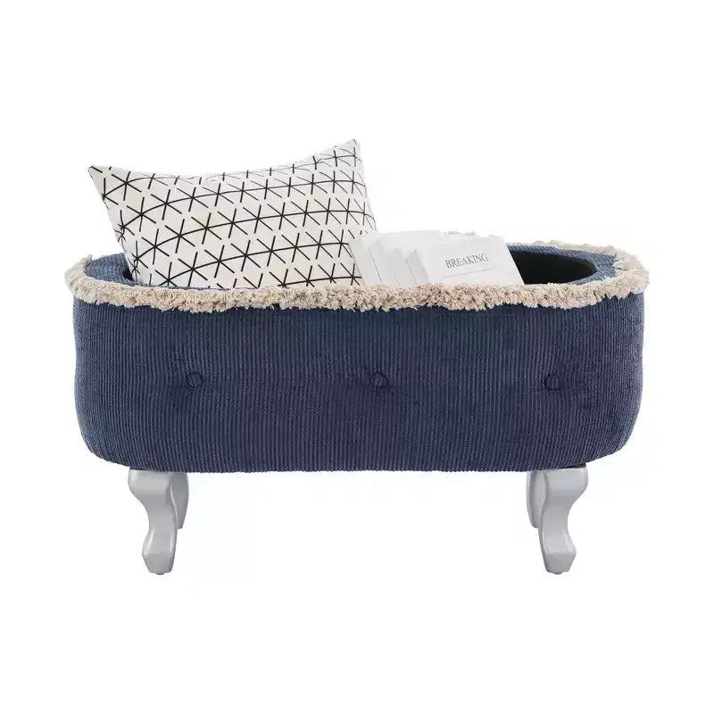 Panca contenitore trapuntata con bottoni e nappine, blu / grigio / arancione, imbottita, 1 posto a sedere