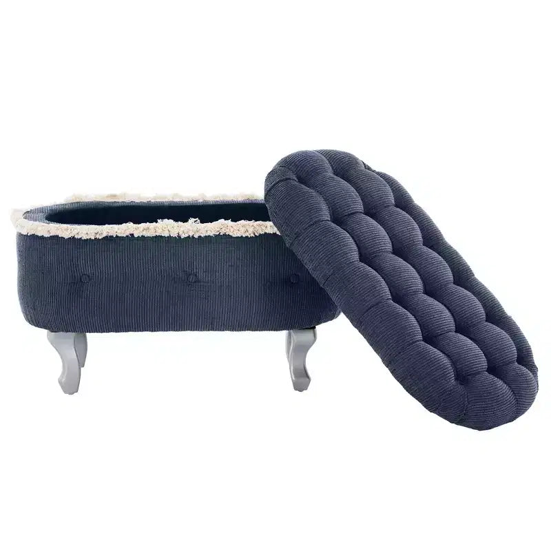 Panca contenitore trapuntata con bottoni e nappine, blu / grigio / arancione, imbottita, 1 posto a sedere