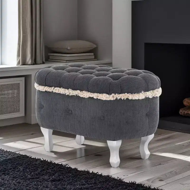 Panca contenitore trapuntata con bottoni e nappine, blu / grigio / arancione, imbottita, 1 posto a sedere
