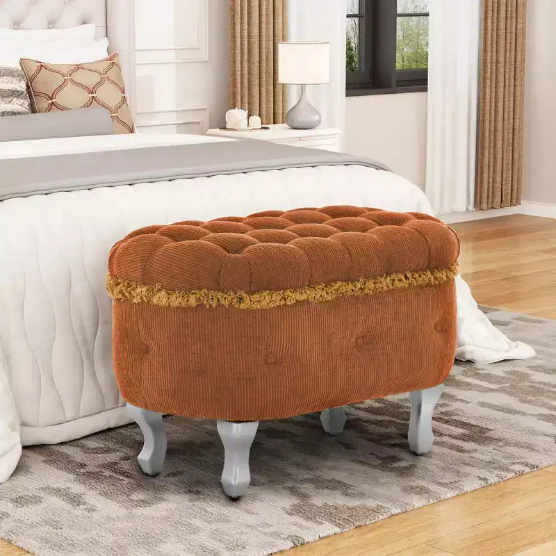 Panca contenitore trapuntata con bottoni e nappine, blu / grigio / arancione, imbottita, 1 posto a sedere