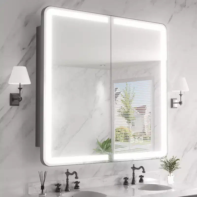 FAMYYT 32 in. W x 30 in. H Rectangular Iron Medicine Cabinet with Mirror, Dimmable LED Light, Anti-Fog and Outlets - Fully Assemble