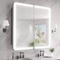 FAMYYT 32 in. W x 30 in. H Rectangular Iron Medicine Cabinet with Mirror, Dimmable LED Light, Anti-Fog and Outlets - Fully Assemble