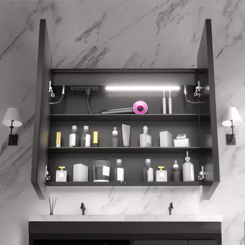 Armadietto portamedicine in ferro nero con specchio, LED dimmerabile, antiappannamento, 2 ante, 81 cm L x 76 cm H, 1 persona