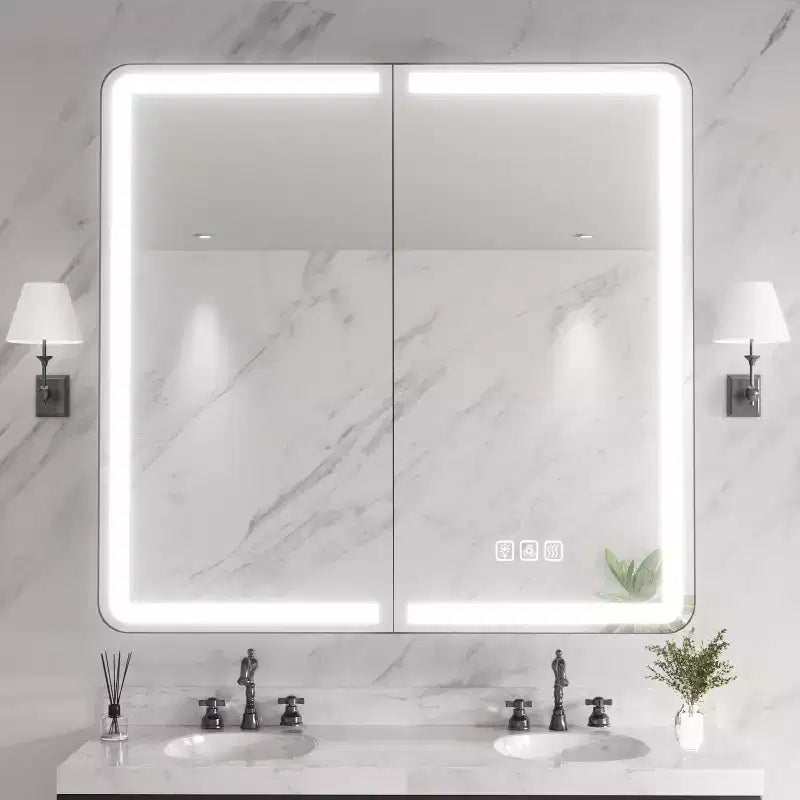 Armadietto portamedicine in ferro nero con specchio, LED dimmerabile, antiappannamento, 2 ante, 81 cm L x 76 cm H, 1 persona