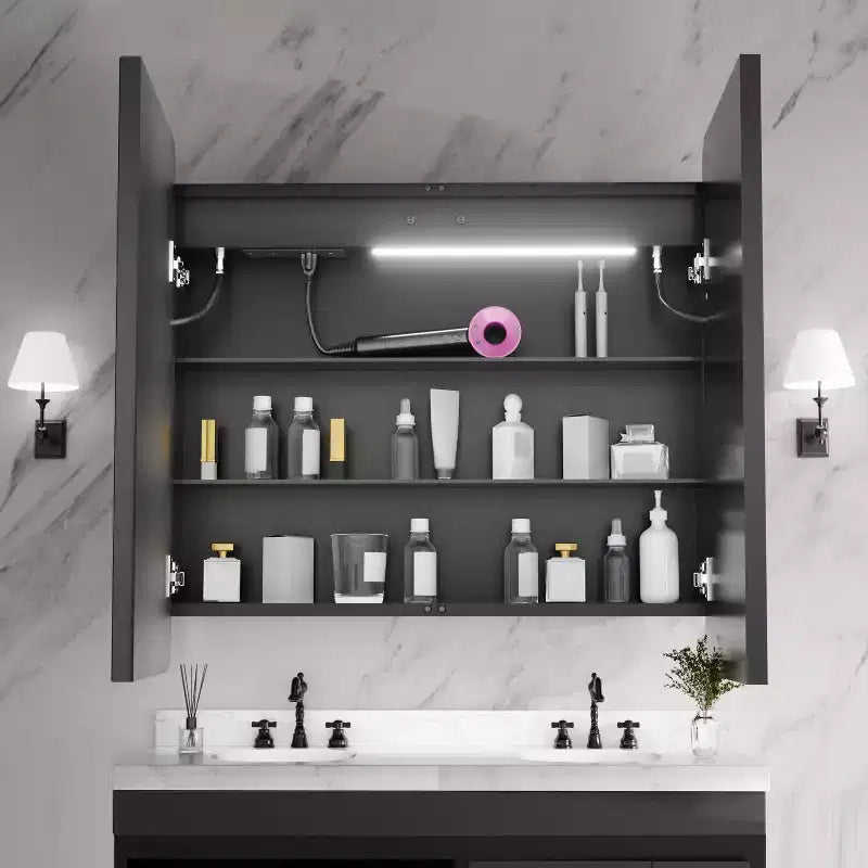 Armadietto portamedicine in ferro nero con specchio, LED dimmerabile, antiappannamento, 2 ante, 81 cm L x 76 cm H, 1 persona