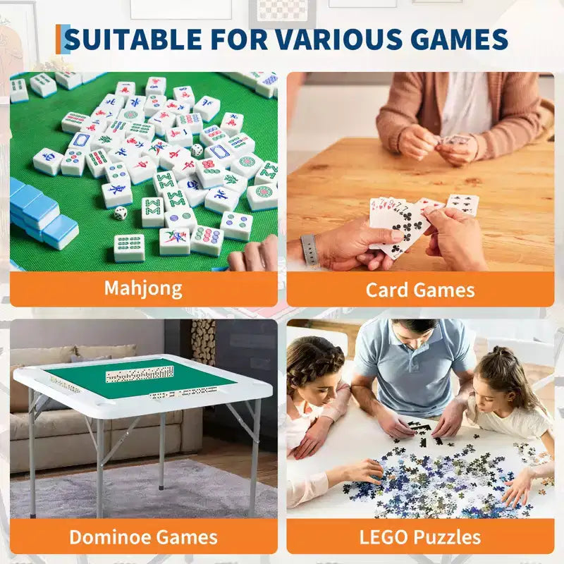 Tavolo da Mahjong Pieghevole per 4 Giocatori. Piano di Lavoro Verde Resistente all'Usura. Scrivania Quadrata Portatile con Portabicchieri e Vassoi per Fiches per Domino e Puzzle