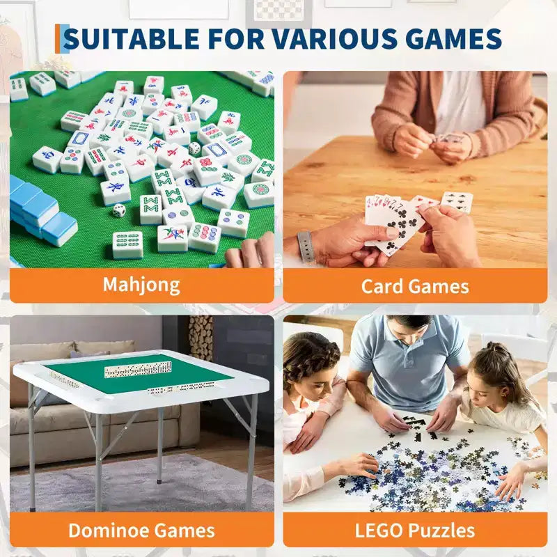 Tavolo da Mahjong Pieghevole per 4 Giocatori. Piano di Lavoro Verde Resistente all'Usura. Scrivania Quadrata Portatile con Portabicchieri e Vassoi per Fiches per Domino e Puzzle