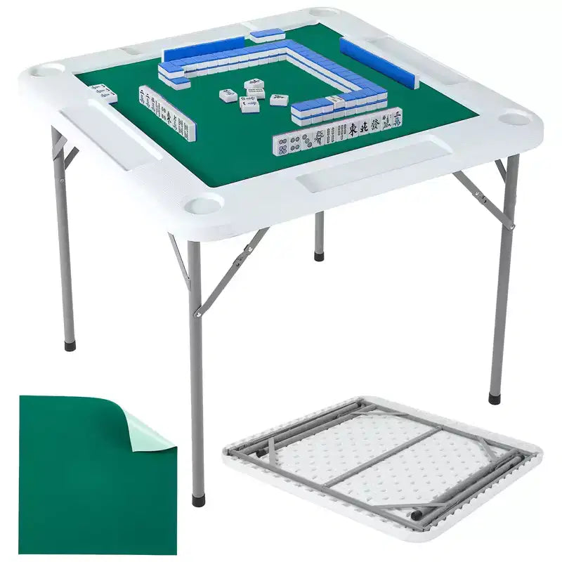 Tavolo da Mahjong Pieghevole per 4 Giocatori. Piano di Lavoro Verde Resistente all'Usura. Scrivania Quadrata Portatile con Portabicchieri e Vassoi per Fiches per Domino e Puzzle
