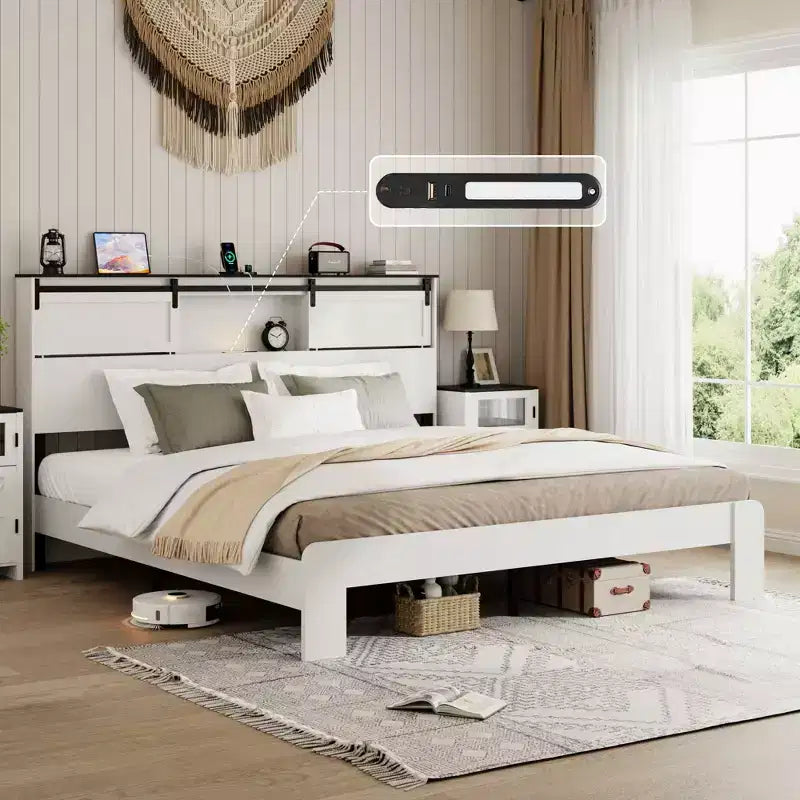 Telaio letto a piattaforma in metallo con testiera portaoggetti e USB, nero, Queen/King