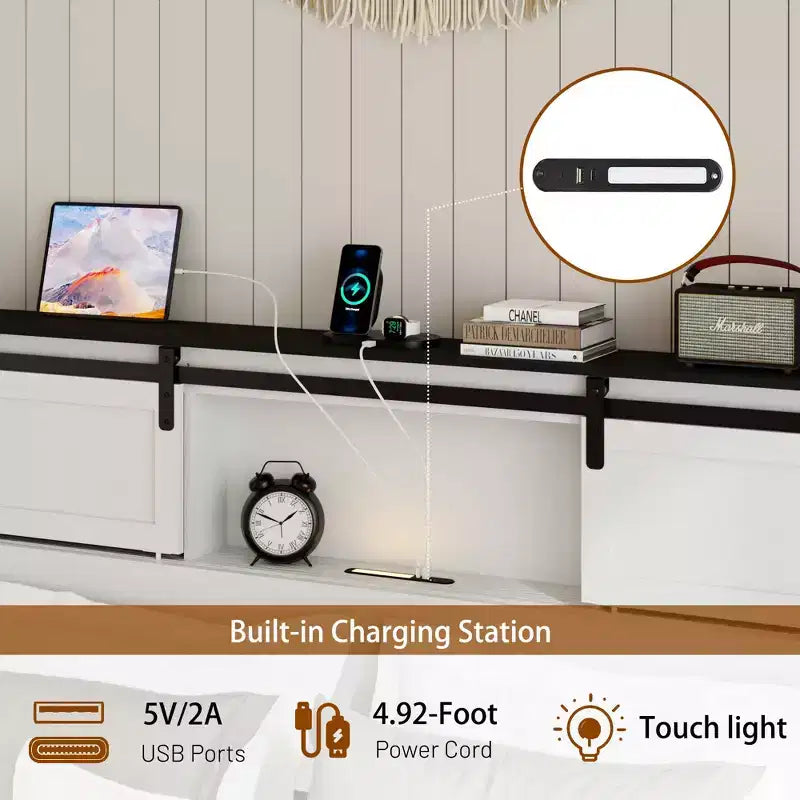 Telaio letto a piattaforma in metallo con testiera portaoggetti e USB, nero, Queen/King