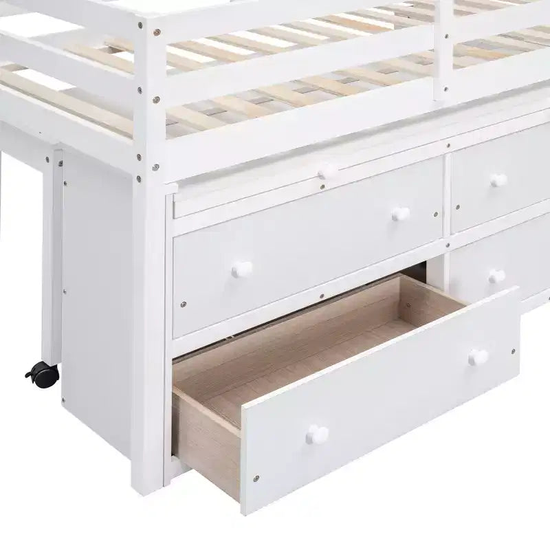 Letto a soppalco basso grigio/bianco con doppia scrivania, 4 cassetti e libreria – una piazza/una piazza e mezza, 1 persona