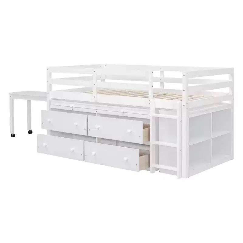Letto a soppalco basso grigio/bianco con doppia scrivania, 4 cassetti e libreria – una piazza/una piazza e mezza, 1 persona