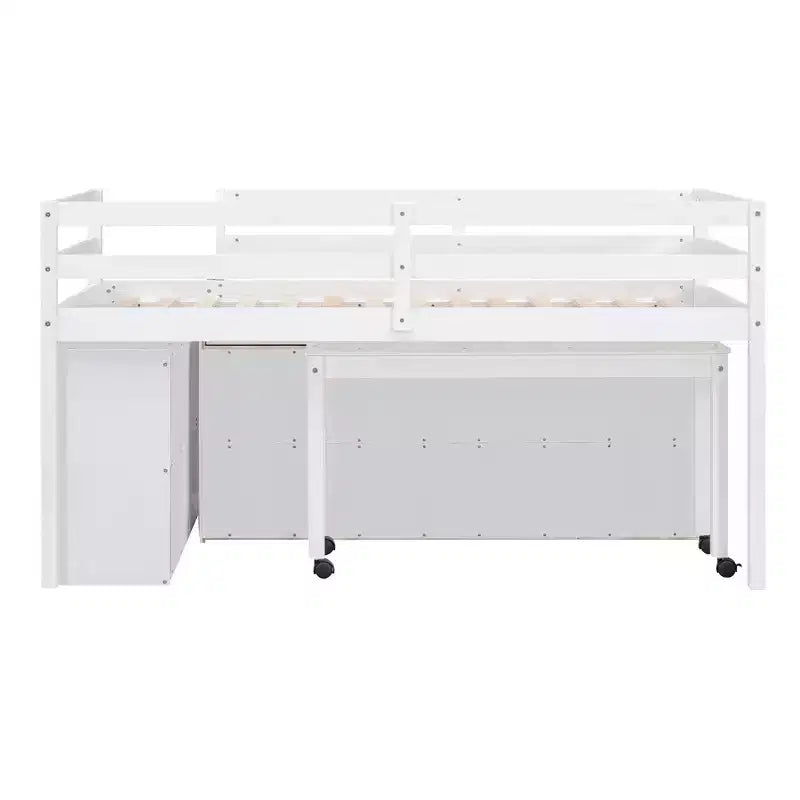 Letto a soppalco basso grigio/bianco con doppia scrivania, 4 cassetti e libreria – una piazza/una piazza e mezza, 1 persona