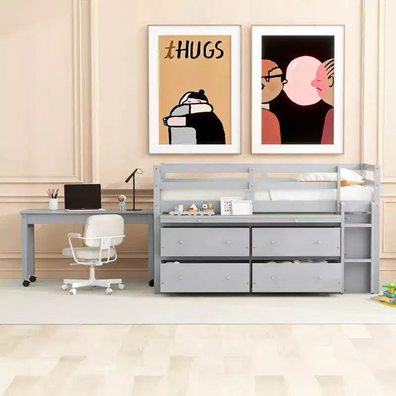 Letto a soppalco basso grigio/bianco con doppia scrivania, 4 cassetti e libreria – una piazza/una piazza e mezza, 1 persona