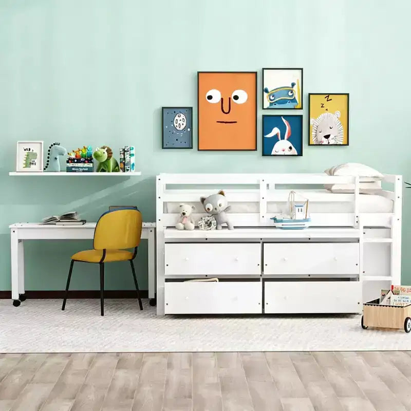 Letto a soppalco basso grigio/bianco con doppia scrivania, 4 cassetti e libreria – una piazza/una piazza e mezza, 1 persona