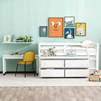 Letto a soppalco basso grigio/bianco con doppia scrivania, 4 cassetti e libreria – una piazza/una piazza e mezza, 1 persona