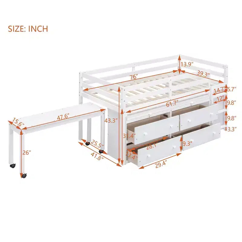 Letto a soppalco basso grigio/bianco con doppia scrivania, 4 cassetti e libreria – una piazza/una piazza e mezza, 1 persona