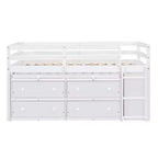 Letto a soppalco basso grigio/bianco con doppia scrivania, 4 cassetti e libreria – una piazza/una piazza e mezza, 1 persona