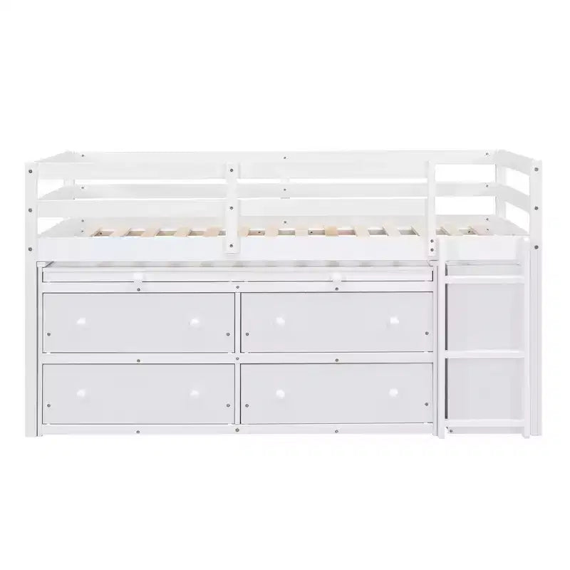 Letto a soppalco basso grigio/bianco con doppia scrivania, 4 cassetti e libreria – una piazza/una piazza e mezza, 1 persona