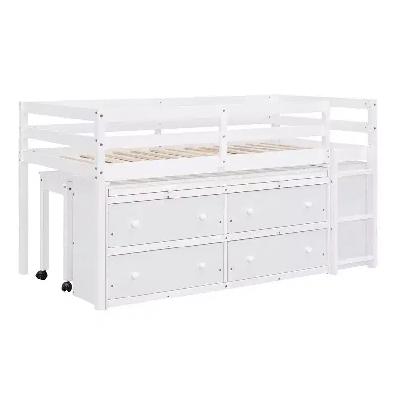 Letto a soppalco basso grigio/bianco con doppia scrivania, 4 cassetti e libreria – una piazza/una piazza e mezza, 1 persona