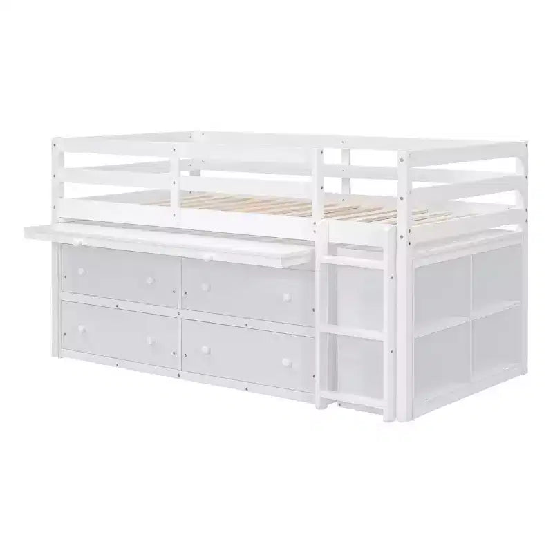 Letto a soppalco basso grigio/bianco con doppia scrivania, 4 cassetti e libreria – una piazza/una piazza e mezza, 1 persona