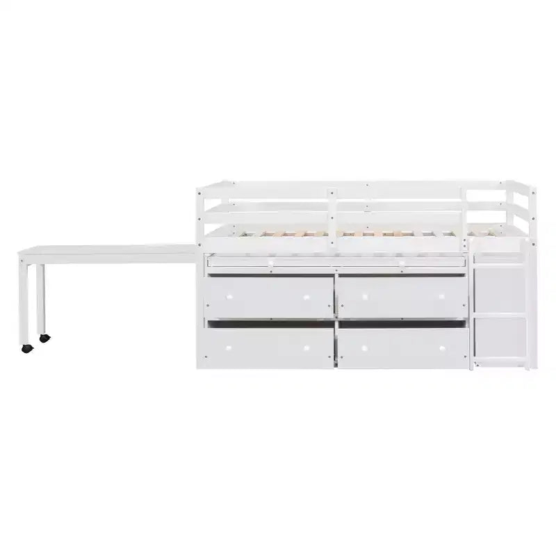 Letto a soppalco basso grigio/bianco con doppia scrivania, 4 cassetti e libreria – una piazza/una piazza e mezza, 1 persona