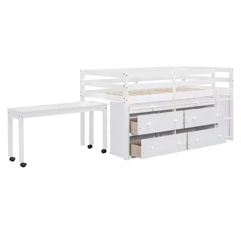 Letto a soppalco basso grigio/bianco con doppia scrivania, 4 cassetti e libreria – una piazza/una piazza e mezza, 1 persona