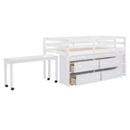 Letto a soppalco basso grigio/bianco con doppia scrivania, 4 cassetti e libreria – una piazza/una piazza e mezza, 1 persona
