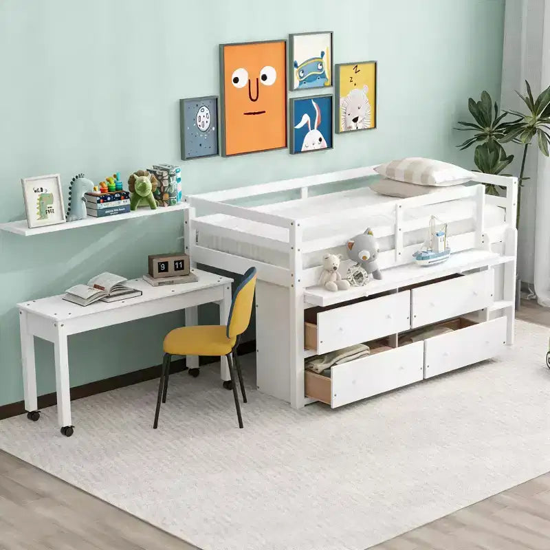 Letto a soppalco basso grigio/bianco con doppia scrivania, 4 cassetti e libreria – una piazza/una piazza e mezza, 1 persona