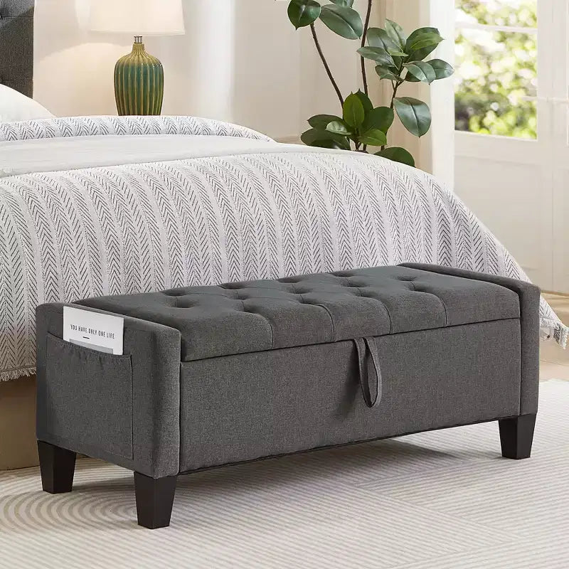 Panca Contenitore Ottomana Trapuntata con Cerniera di Sicurezza – Beige / Nero / Grigio / Blu / Lino – Tessuto e Similpelle – 1 Posto a Sedere
