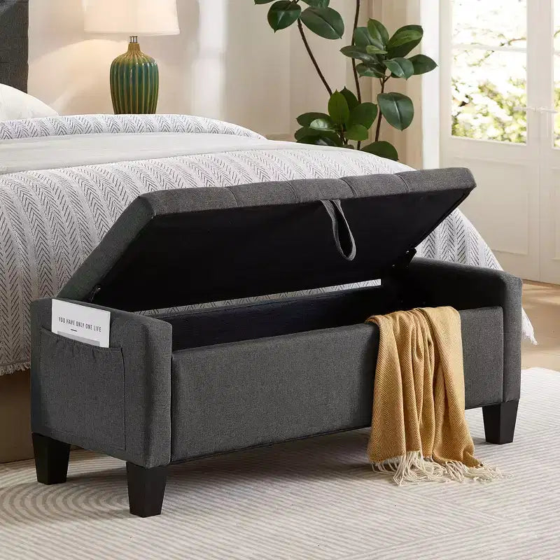Panca Contenitore Ottomana Trapuntata con Cerniera di Sicurezza – Beige / Nero / Grigio / Blu / Lino – Tessuto e Similpelle – 1 Posto a Sedere