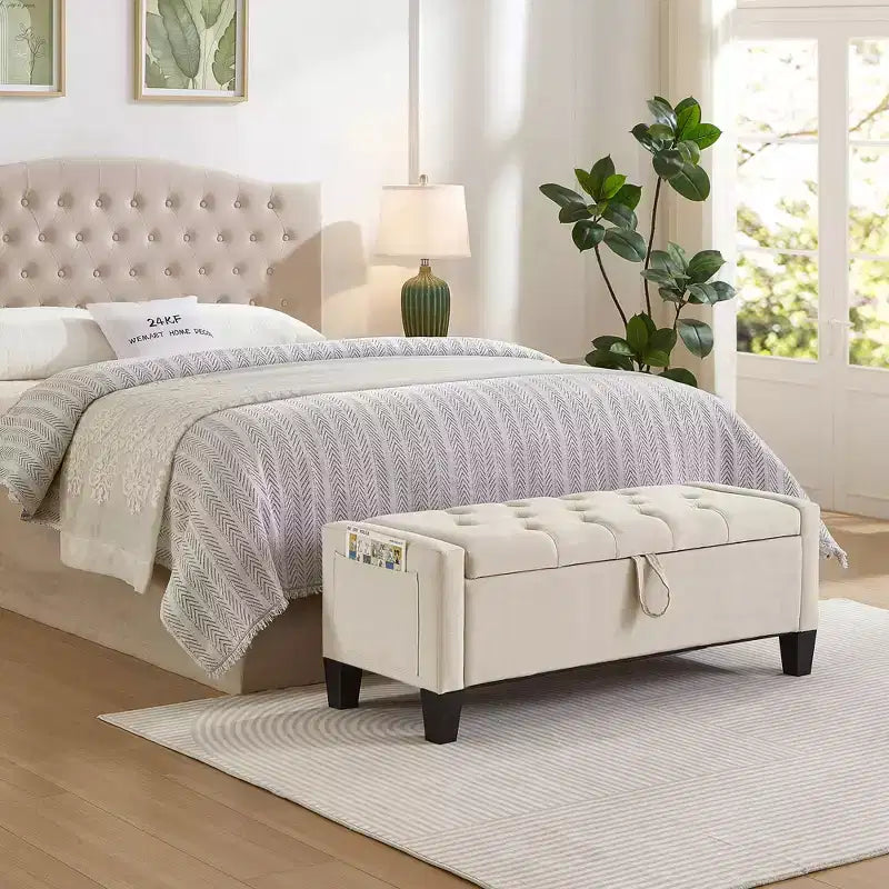Panca Contenitore Ottomana Trapuntata con Cerniera di Sicurezza – Beige / Nero / Grigio / Blu / Lino – Tessuto e Similpelle – 1 Posto a Sedere
