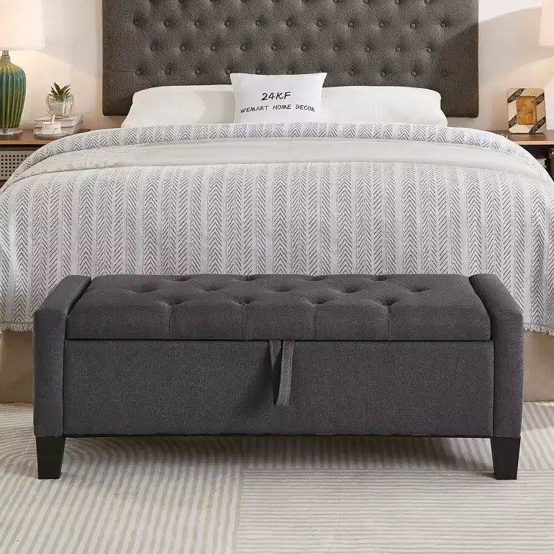 Panca Contenitore Ottomana Trapuntata con Cerniera di Sicurezza – Beige / Nero / Grigio / Blu / Lino – Tessuto e Similpelle – 1 Posto a Sedere