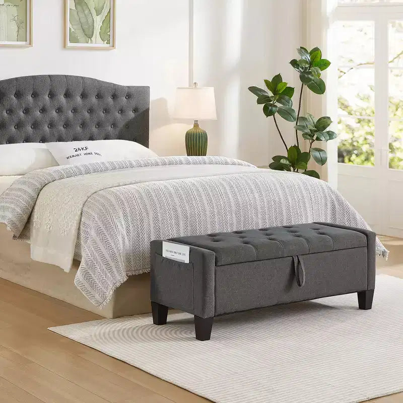 Panca Contenitore Ottomana Trapuntata con Cerniera di Sicurezza – Beige / Nero / Grigio / Blu / Lino – Tessuto e Similpelle – 1 Posto a Sedere
