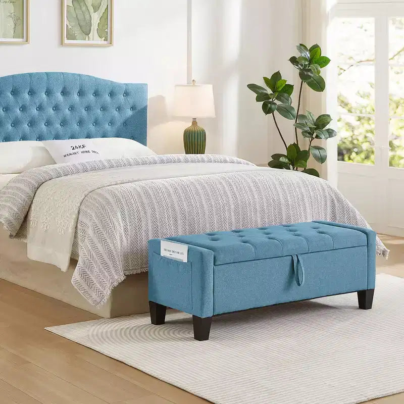Panca Contenitore Ottomana Trapuntata con Cerniera di Sicurezza – Beige / Nero / Grigio / Blu / Lino – Tessuto e Similpelle – 1 Posto a Sedere