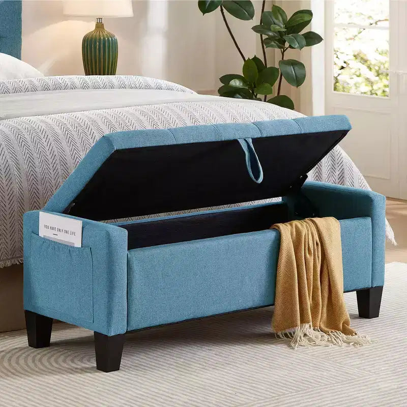 Panca Contenitore Ottomana Trapuntata con Cerniera di Sicurezza – Beige / Nero / Grigio / Blu / Lino – Tessuto e Similpelle – 1 Posto a Sedere
