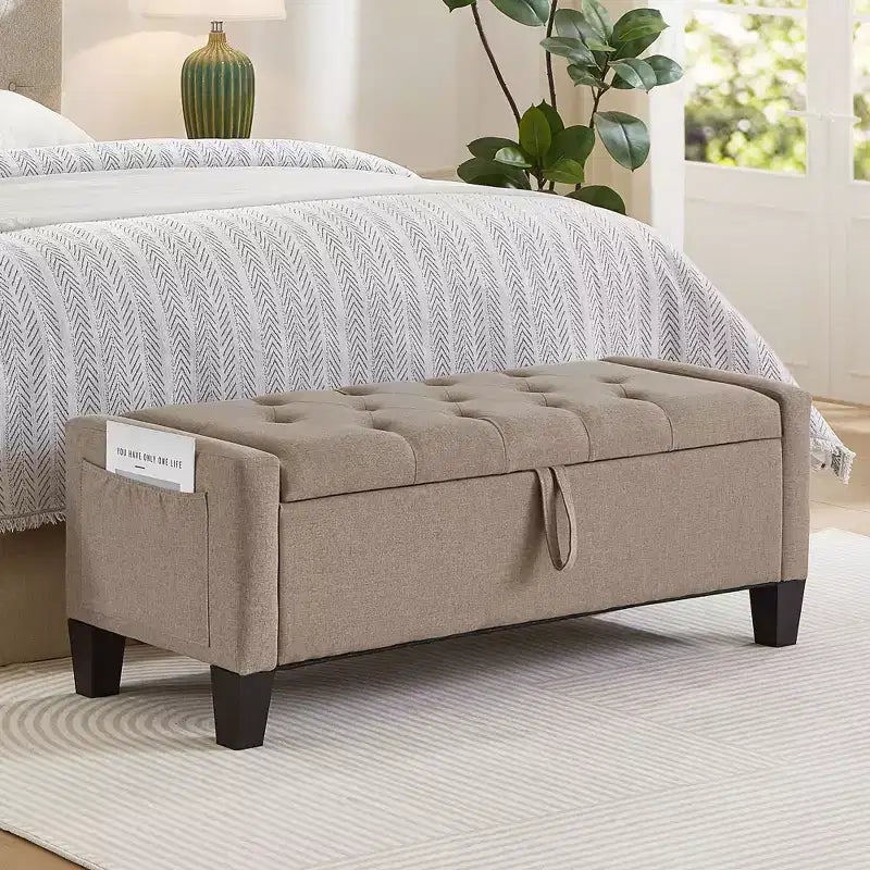 Panca Contenitore Ottomana Trapuntata con Cerniera di Sicurezza – Beige / Nero / Grigio / Blu / Lino – Tessuto e Similpelle – 1 Posto a Sedere