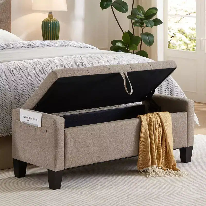 Panca Contenitore Ottomana Trapuntata con Cerniera di Sicurezza – Beige / Nero / Grigio / Blu / Lino – Tessuto e Similpelle – 1 Posto a Sedere