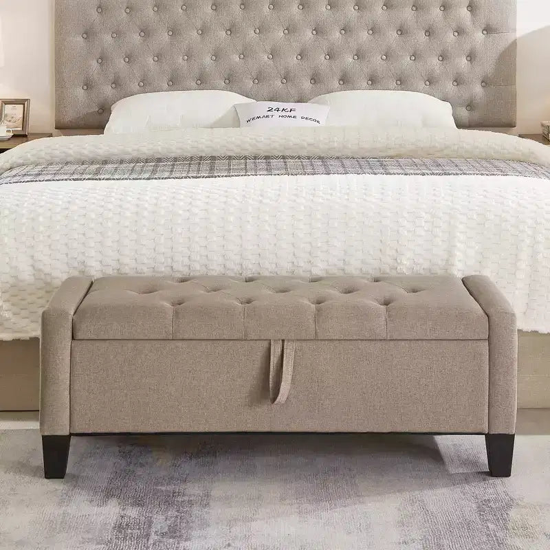 Panca Contenitore Ottomana Trapuntata con Cerniera di Sicurezza – Beige / Nero / Grigio / Blu / Lino – Tessuto e Similpelle – 1 Posto a Sedere