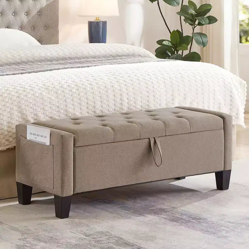 Panca Contenitore Ottomana Trapuntata con Cerniera di Sicurezza – Beige / Nero / Grigio / Blu / Lino – Tessuto e Similpelle – 1 Posto a Sedere