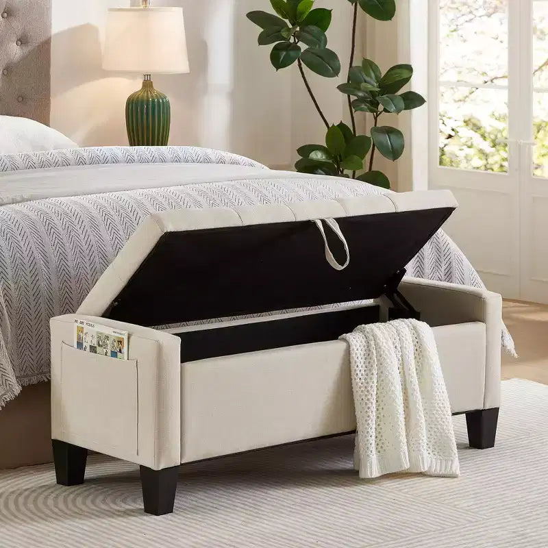 Panca Contenitore Ottomana Trapuntata con Cerniera di Sicurezza – Beige / Nero / Grigio / Blu / Lino – Tessuto e Similpelle – 1 Posto a Sedere