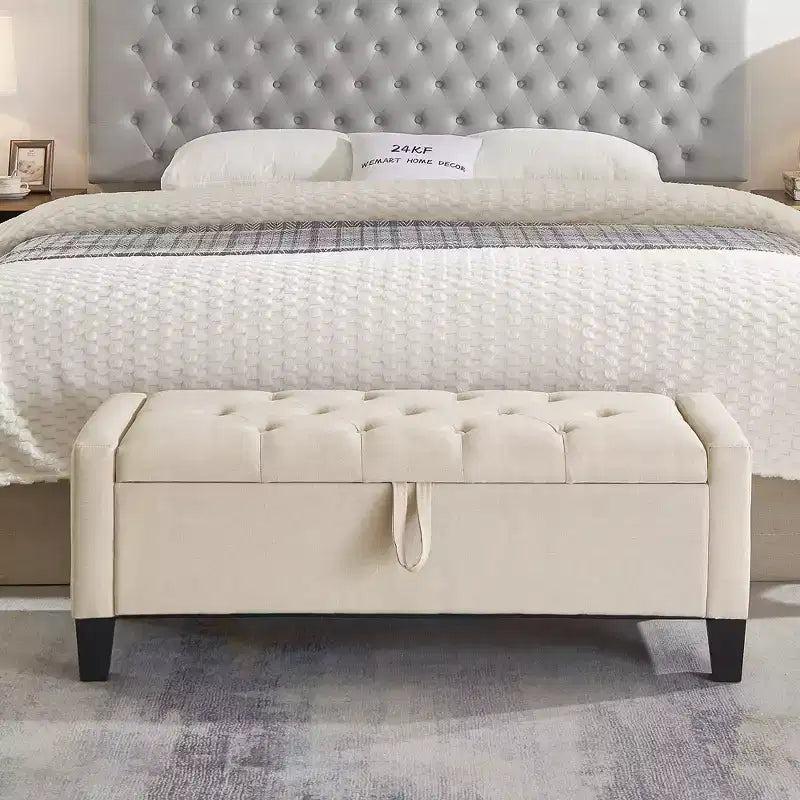Panca Contenitore Ottomana Trapuntata con Cerniera di Sicurezza – Beige / Nero / Grigio / Blu / Lino – Tessuto e Similpelle – 1 Posto a Sedere