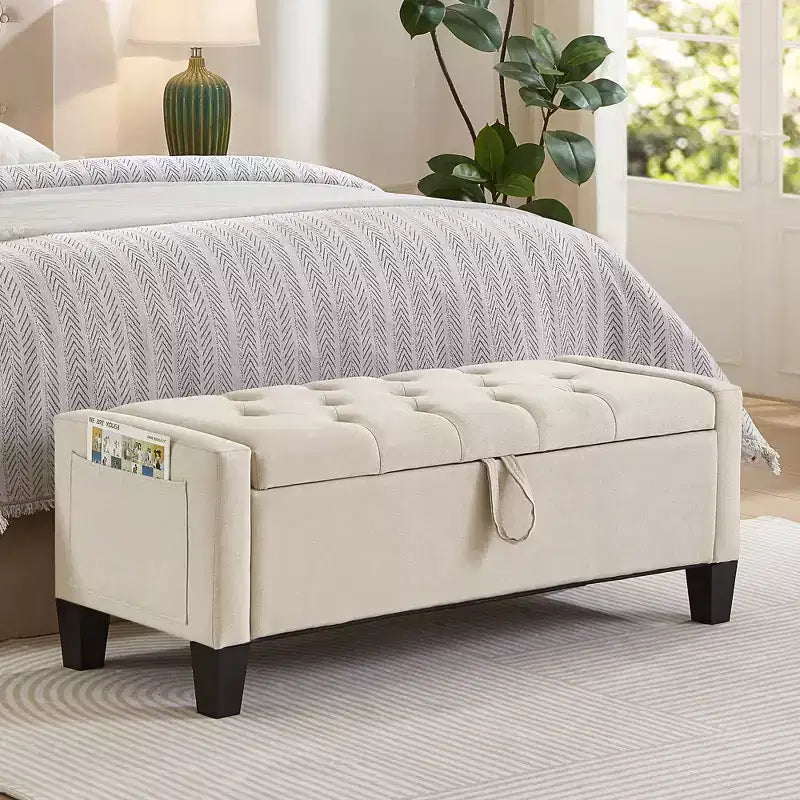Panca Contenitore Ottomana Trapuntata con Cerniera di Sicurezza – Beige / Nero / Grigio / Blu / Lino – Tessuto e Similpelle – 1 Posto a Sedere