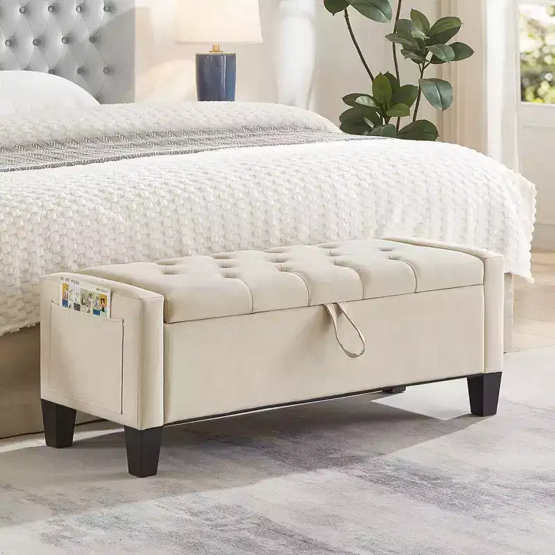 Panca Contenitore Ottomana Trapuntata con Cerniera di Sicurezza – Beige / Nero / Grigio / Blu / Lino – Tessuto e Similpelle – 1 Posto a Sedere