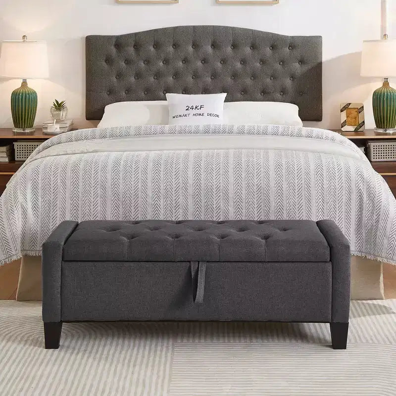 Panca Contenitore Ottomana Trapuntata con Cerniera di Sicurezza – Beige / Nero / Grigio / Blu / Lino – Tessuto e Similpelle – 1 Posto a Sedere