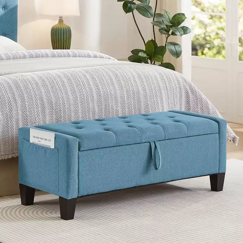 Panca Contenitore Ottomana Trapuntata con Cerniera di Sicurezza – Beige / Nero / Grigio / Blu / Lino – Tessuto e Similpelle – 1 Posto a Sedere
