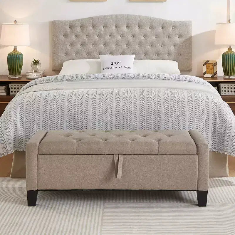 Panca Contenitore Ottomana Trapuntata con Cerniera di Sicurezza – Beige / Nero / Grigio / Blu / Lino – Tessuto e Similpelle – 1 Posto a Sedere